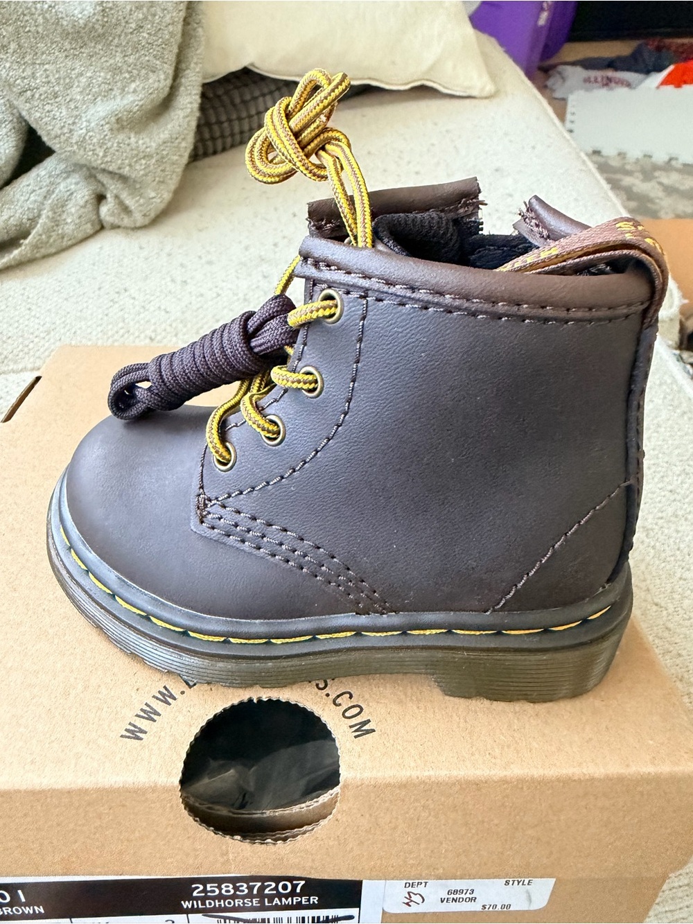Dr. Martens Brown Kids Lace-Up Ankle Boots with Yellow Stitching
